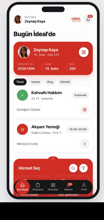 e-İdeal yurt operasyon sistemi mobil görünümü