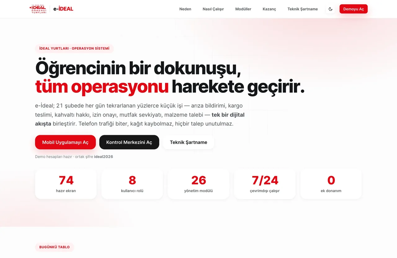 e-İdeal yurt operasyon sistemi masaüstü görünümü