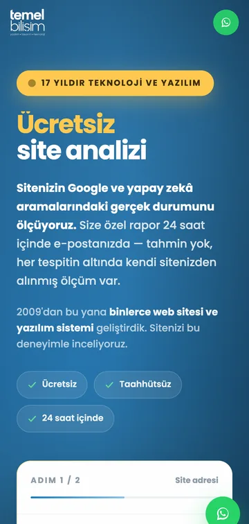 Yapay zekâ destekli ücretsiz site analizi mobil görünümü