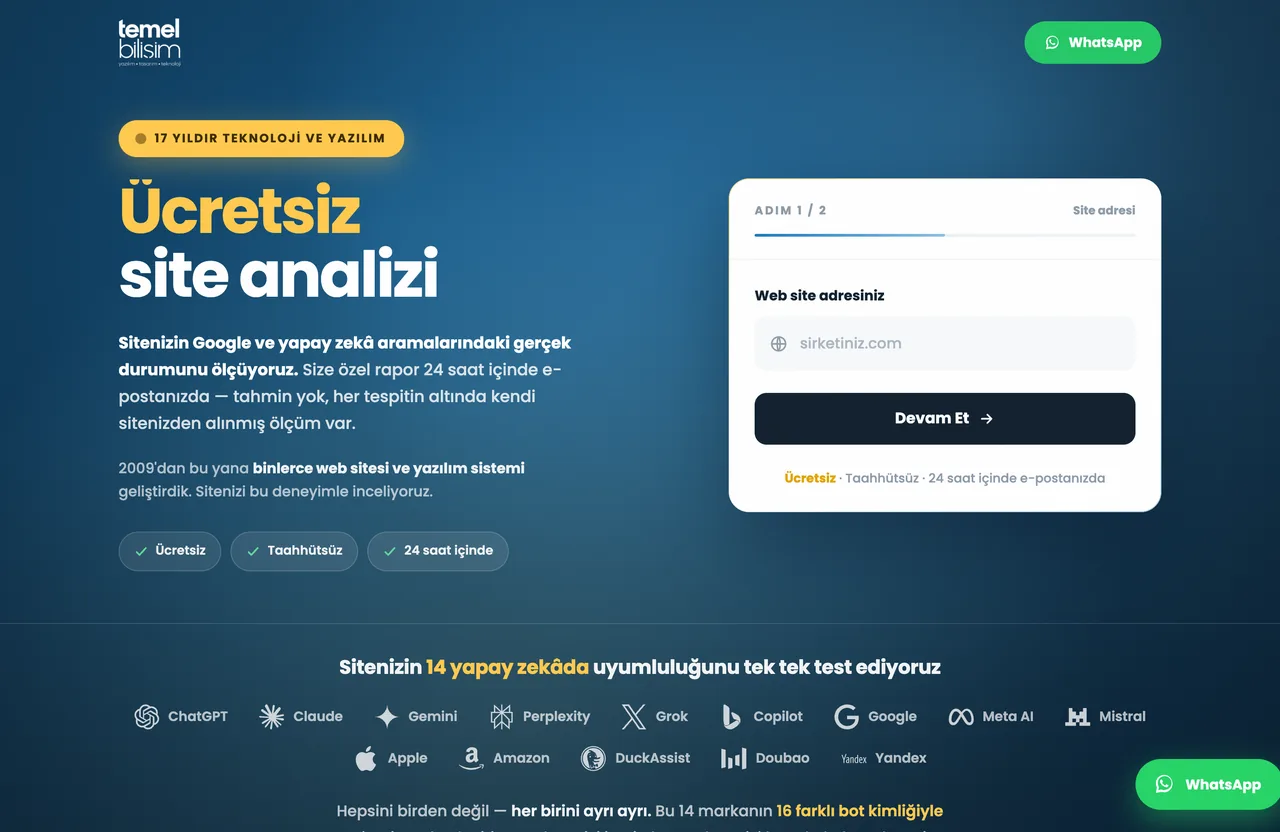 Yapay zekâ destekli ücretsiz site analizi masaüstü görünümü